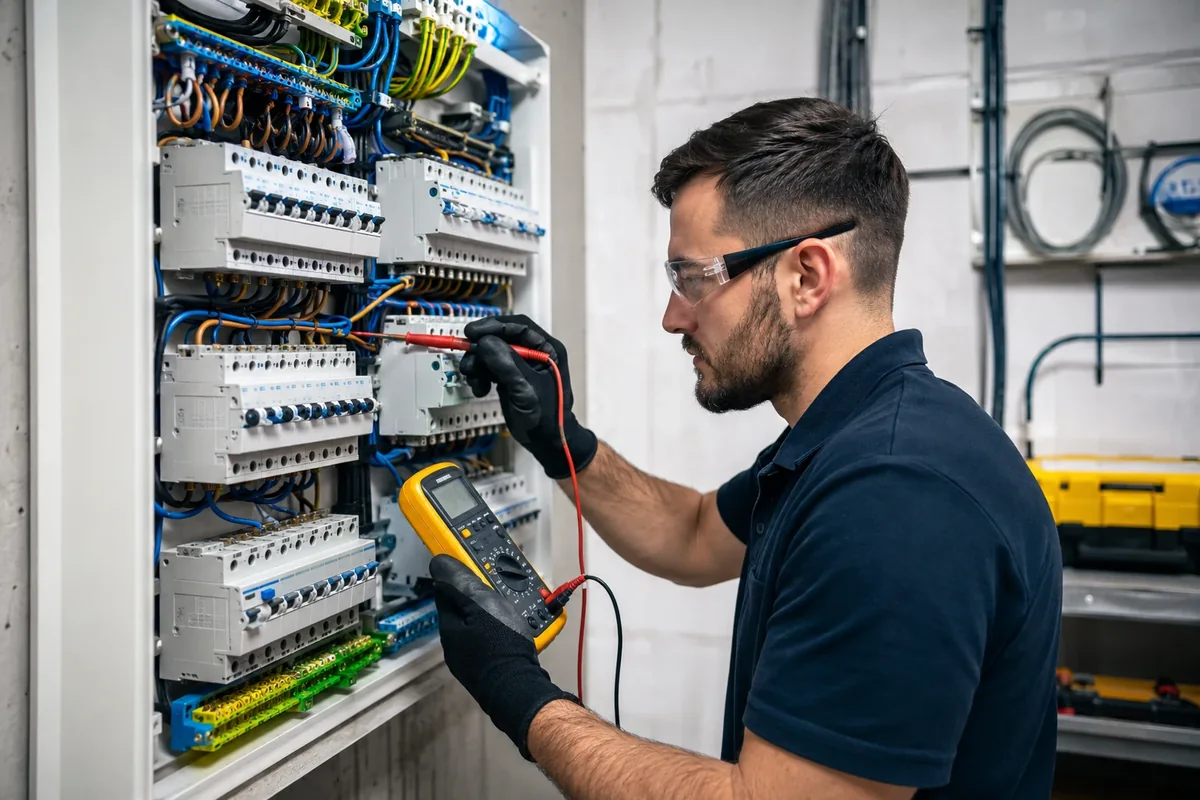 Técnico trabajando en instalaciones eléctricas y mantenimiento industrial