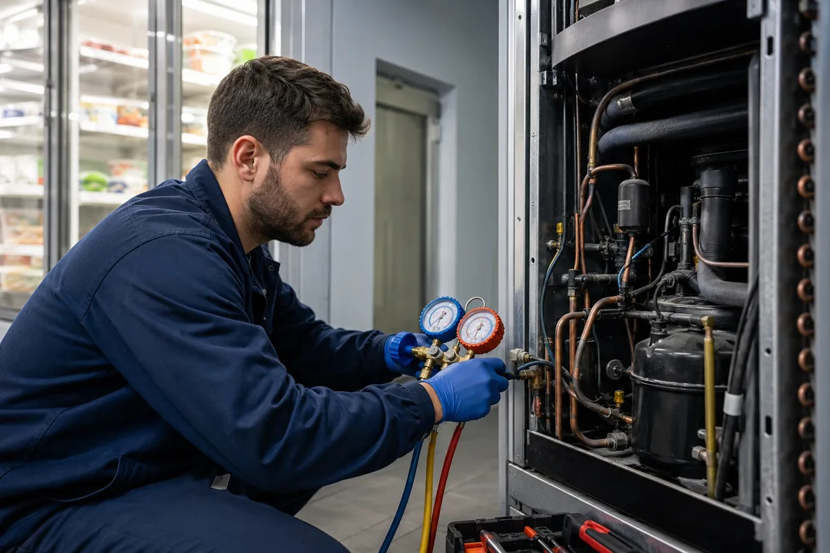 Técnico instalando y revisando equipos de aire acondicionado y refrigeración