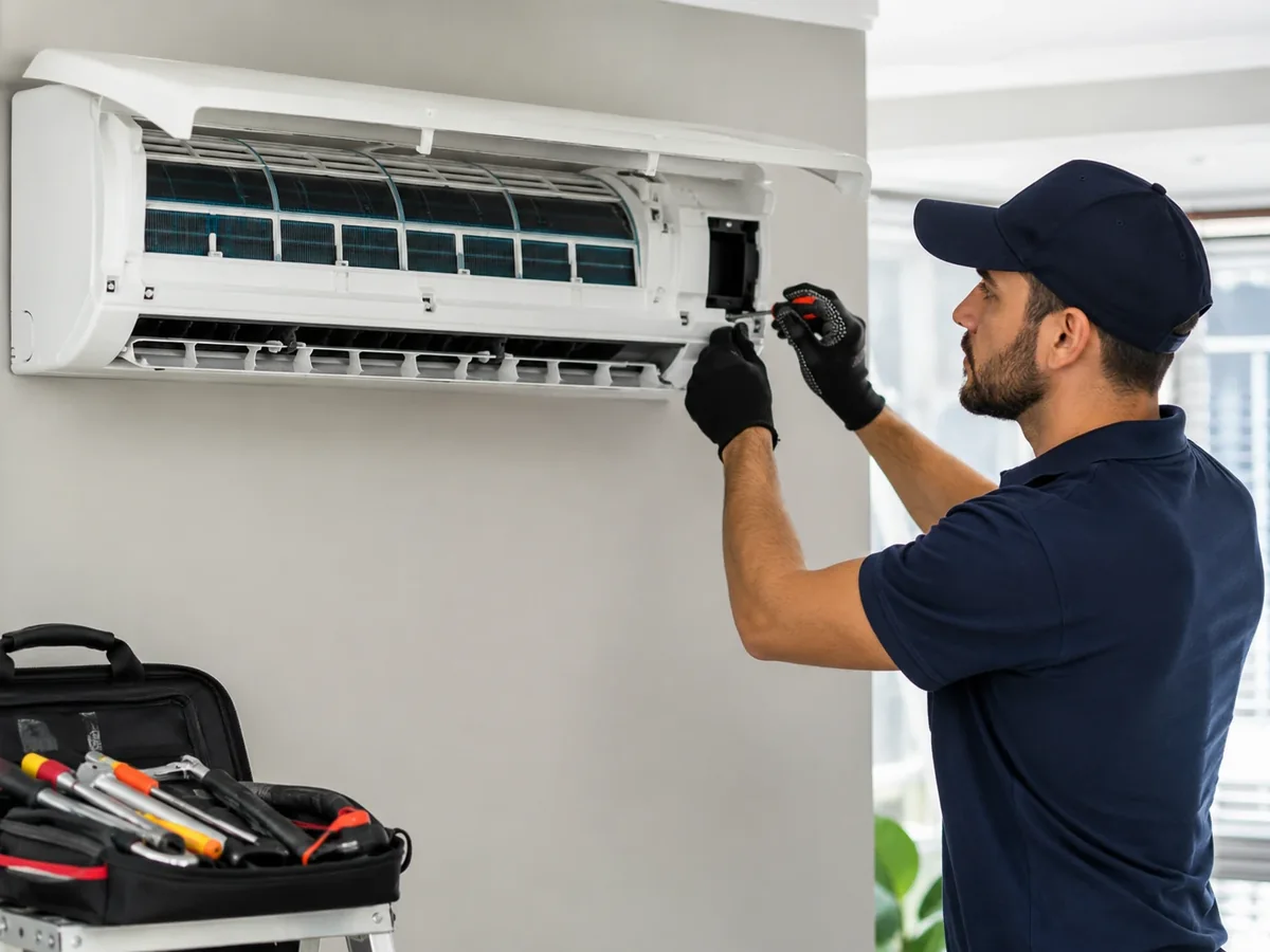Técnico instalando aire acondicionado split, inverter y central