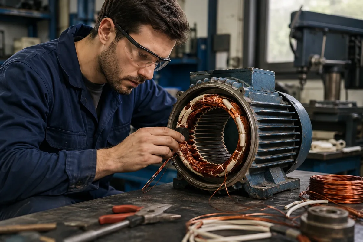 Técnico realizando bobinado y reparación de motores eléctricos