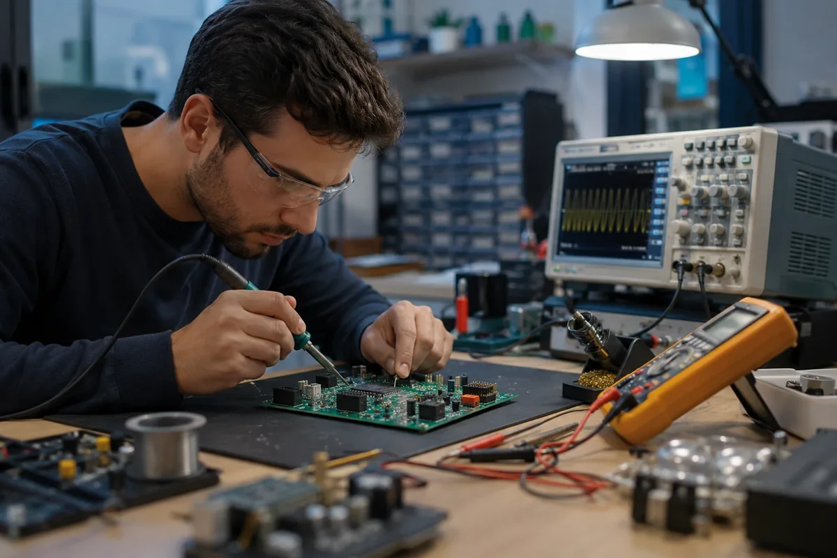 Persona trabajando sobre una placa electrónica con instrumental técnico