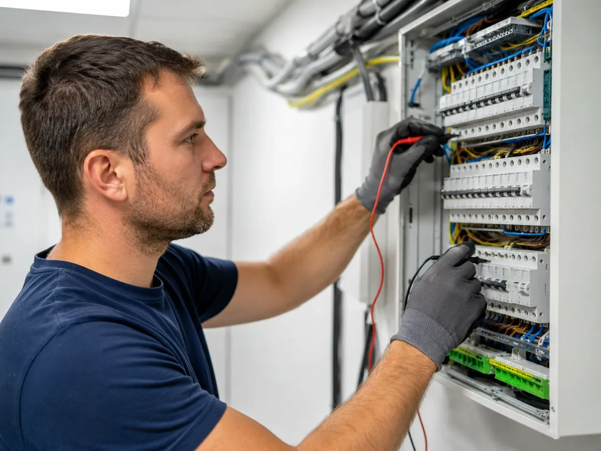 Instalación eléctrica con herramientas, cableado y sistemas de iluminación