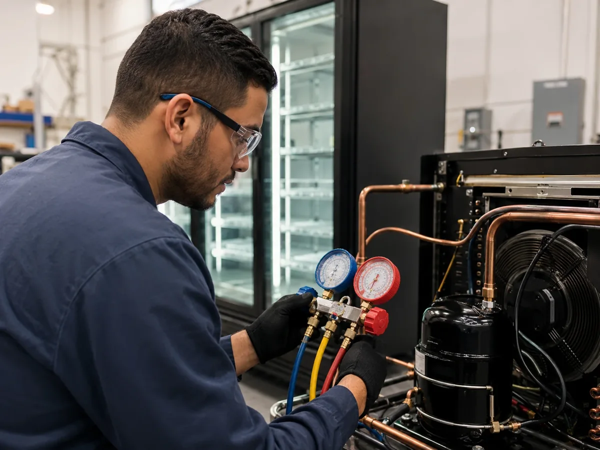 Técnico reparando cámara de refrigeración y equipos frigoríficos
